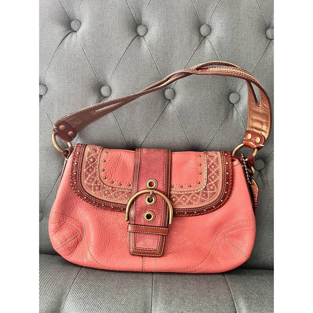 Coach G063-10479 Soho Leather Stitch Flap Pink Burgundy Brown Vintage Purse